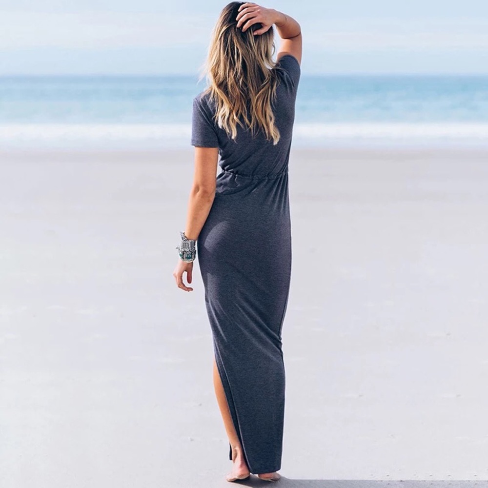 Drawstring Waist Side Slit Maxi Dress - Picture 2 of 7